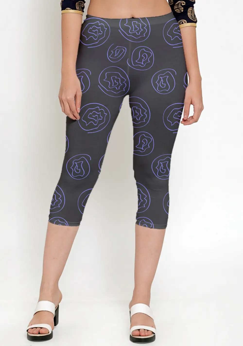 Lavender Floral Print Black Women Capri Leggings Pant - Image 2