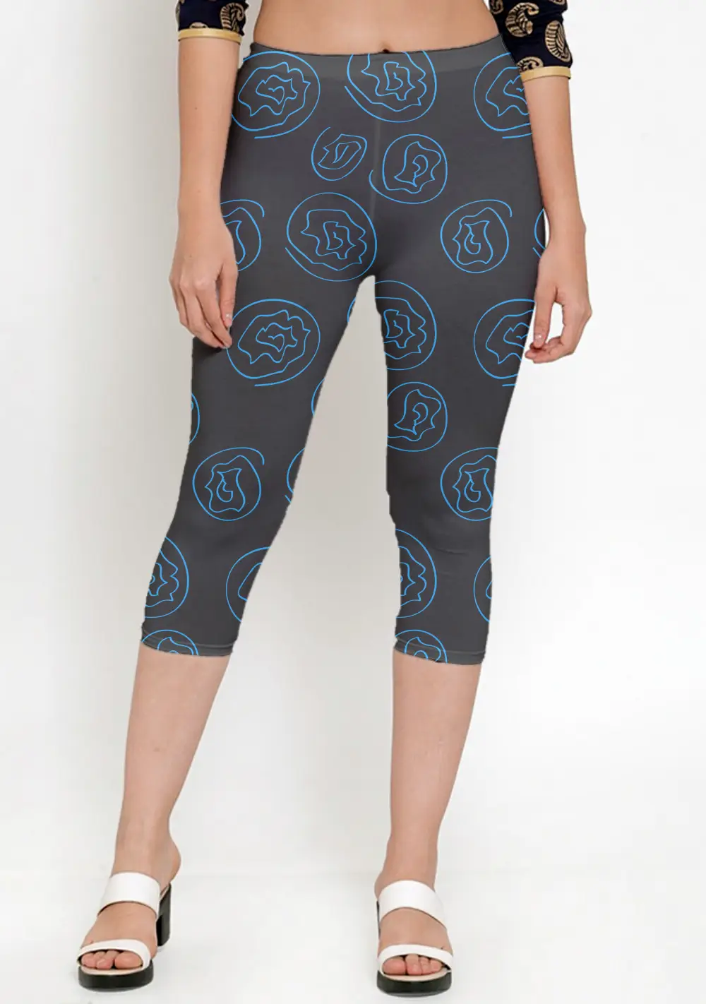 Blue Floral Printed Black Women Capri Leggings Pant - Image 2