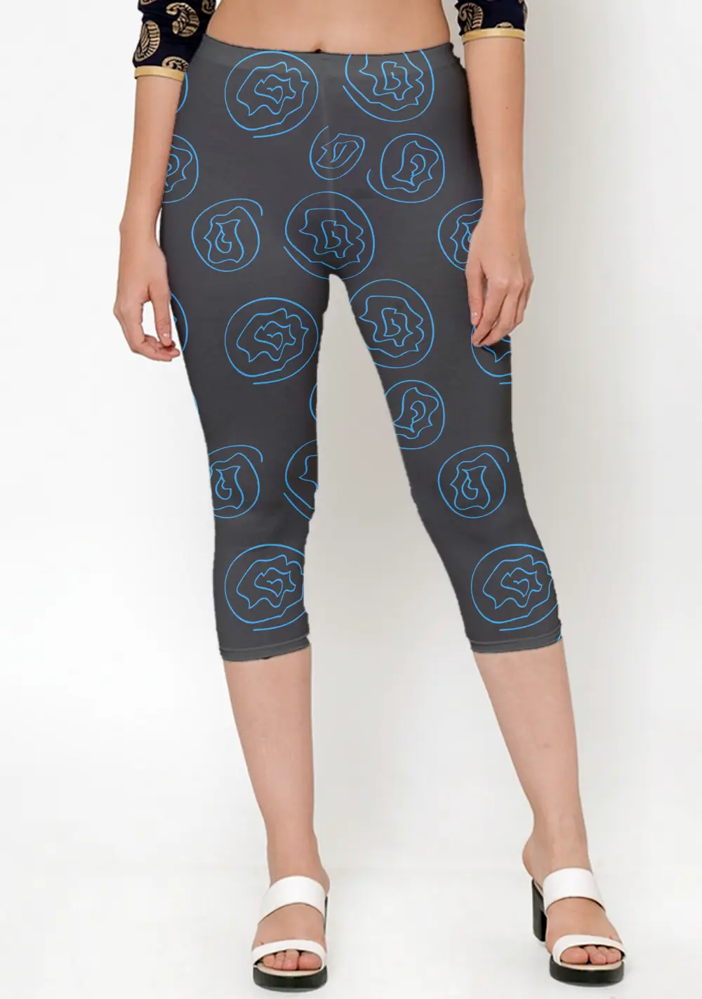 Blue Floral Printed Black Women Capri Leggings Pant