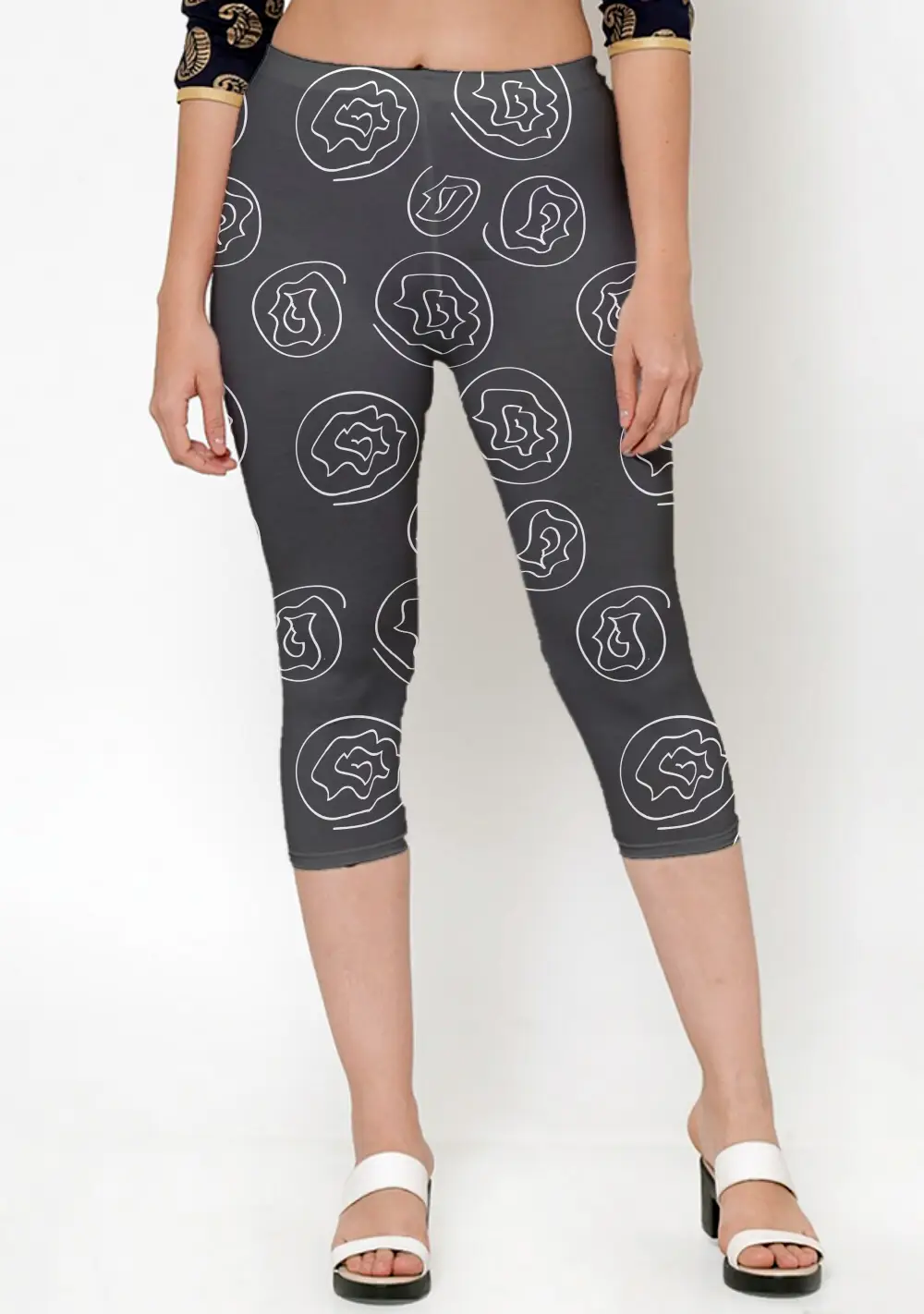 White Flower Printed Black Women Capri Leggings Pant