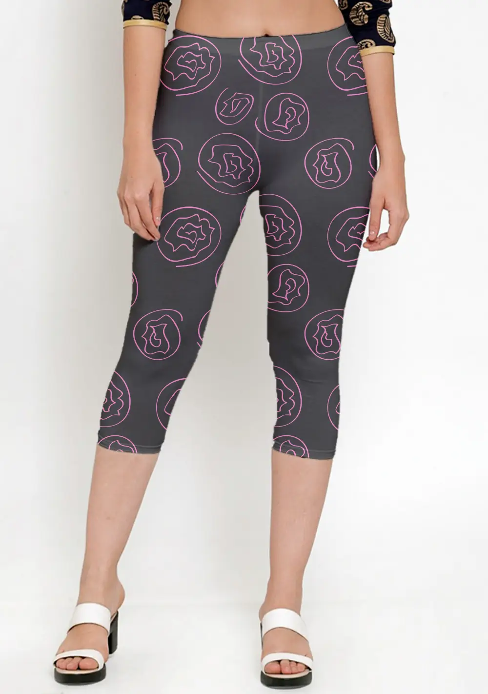 Pink Floral Printed Black Women Capri Leggings Pant