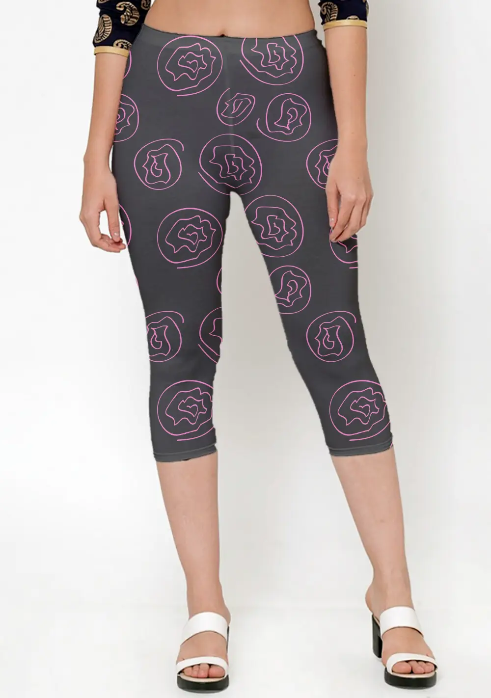 Pink Floral Printed Black Women Capri Leggings Pant - Image 3