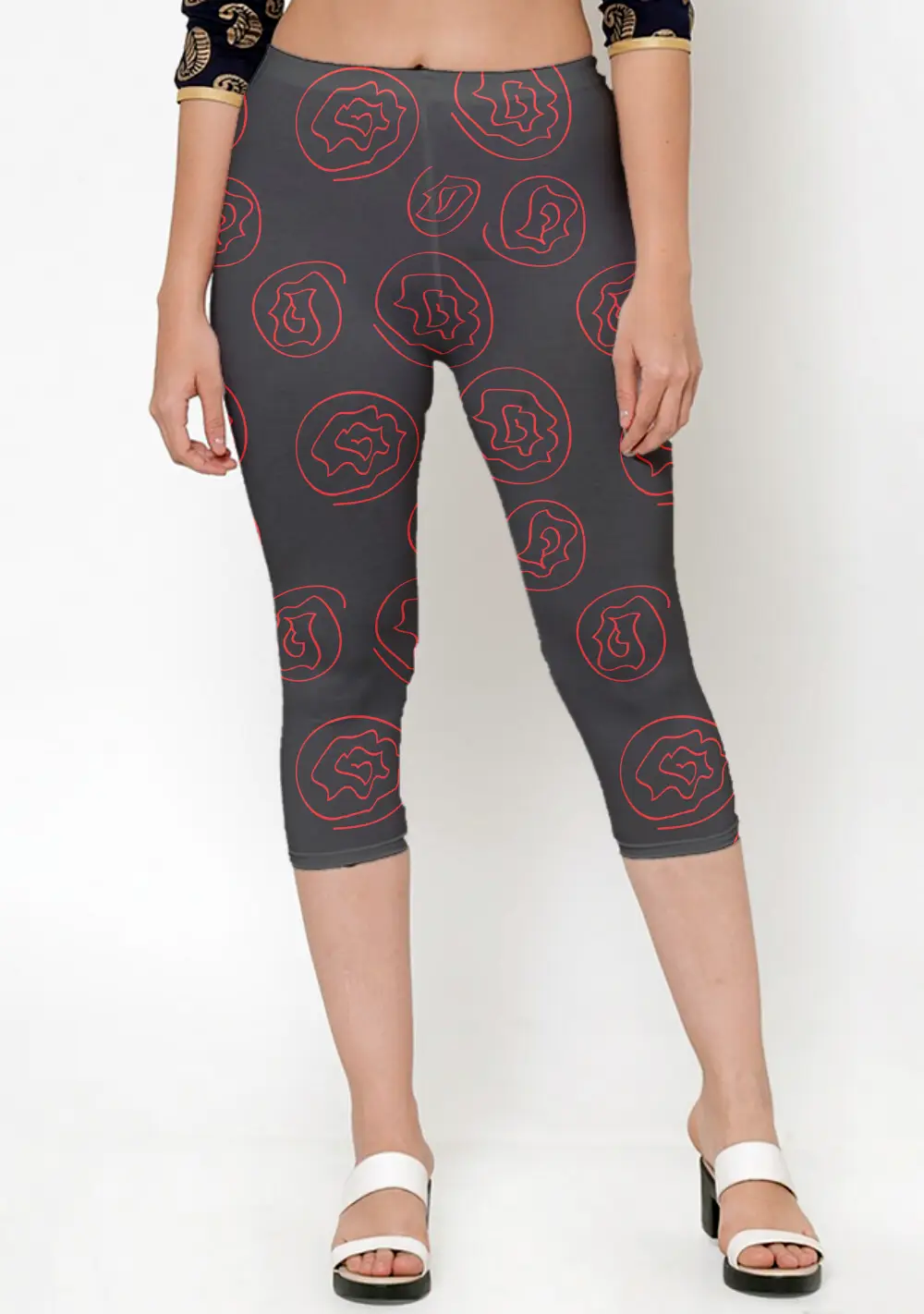 Red Flower Printed Black Women Capri Leggings Pant - Image 3