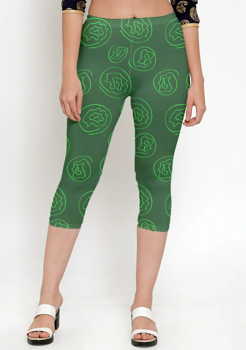 Floral Green Printed Casual Women Capri Leggings Pant