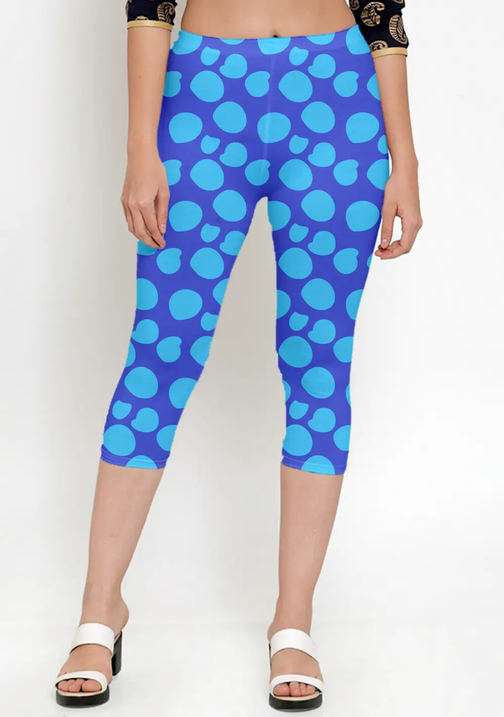 Blue Polka Dots Women Capri Leggings Pant