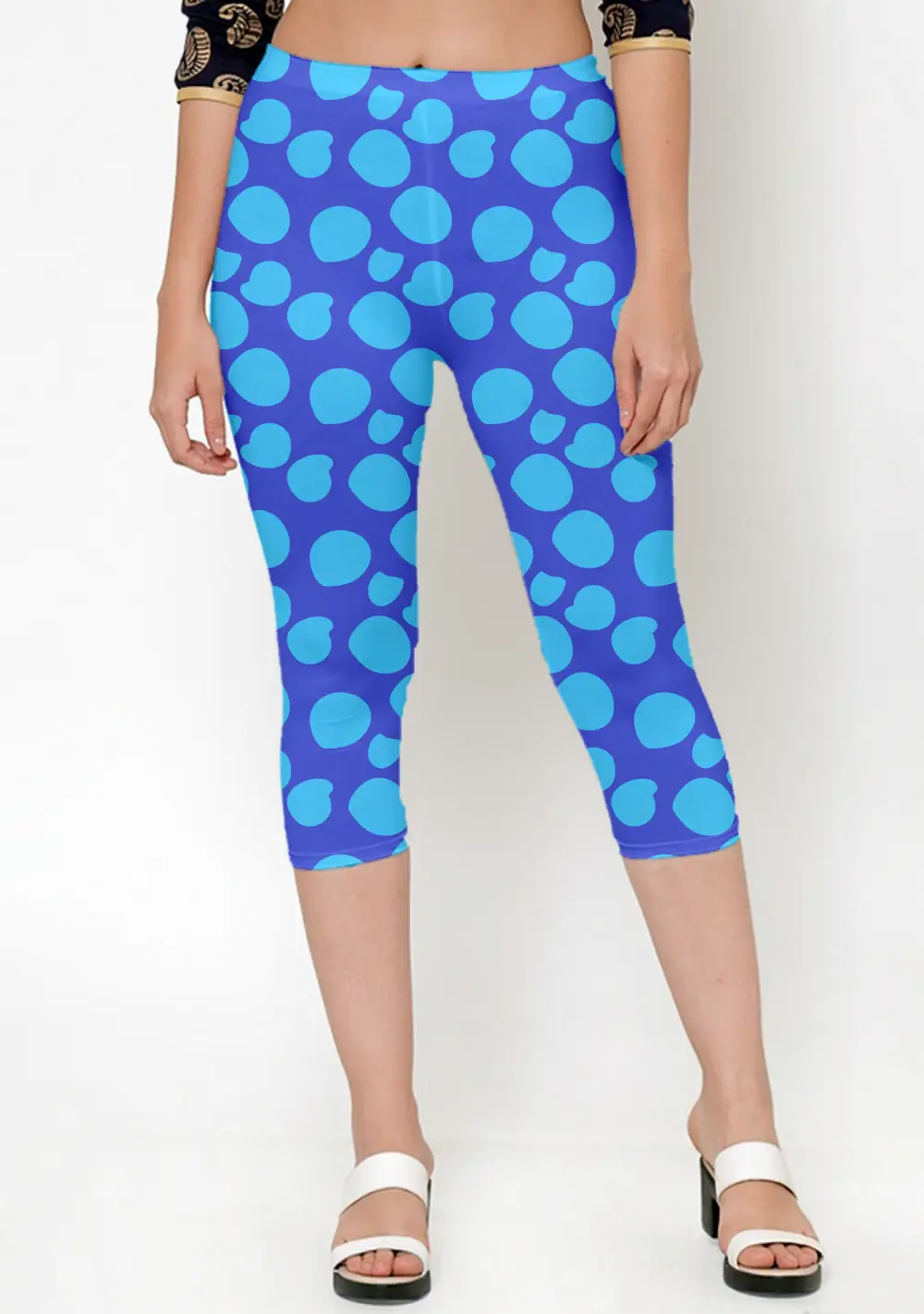 Blue Polka Dots Women Capri Leggings Pant - Image 2
