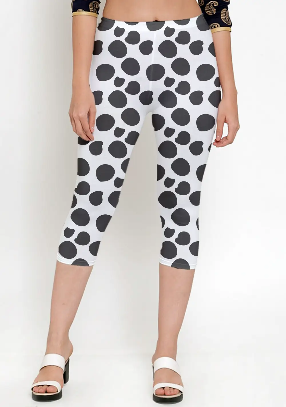 Polka Dots White Women Capri Leggings Pant