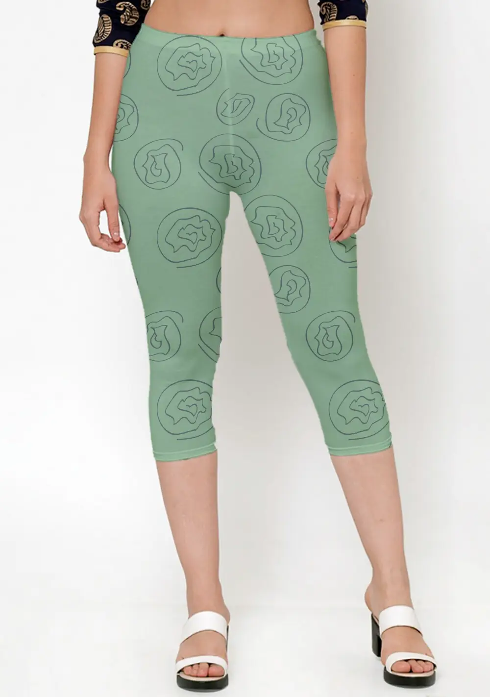 3/4 Floral Green Women Capri Leggings Pant - Image 3