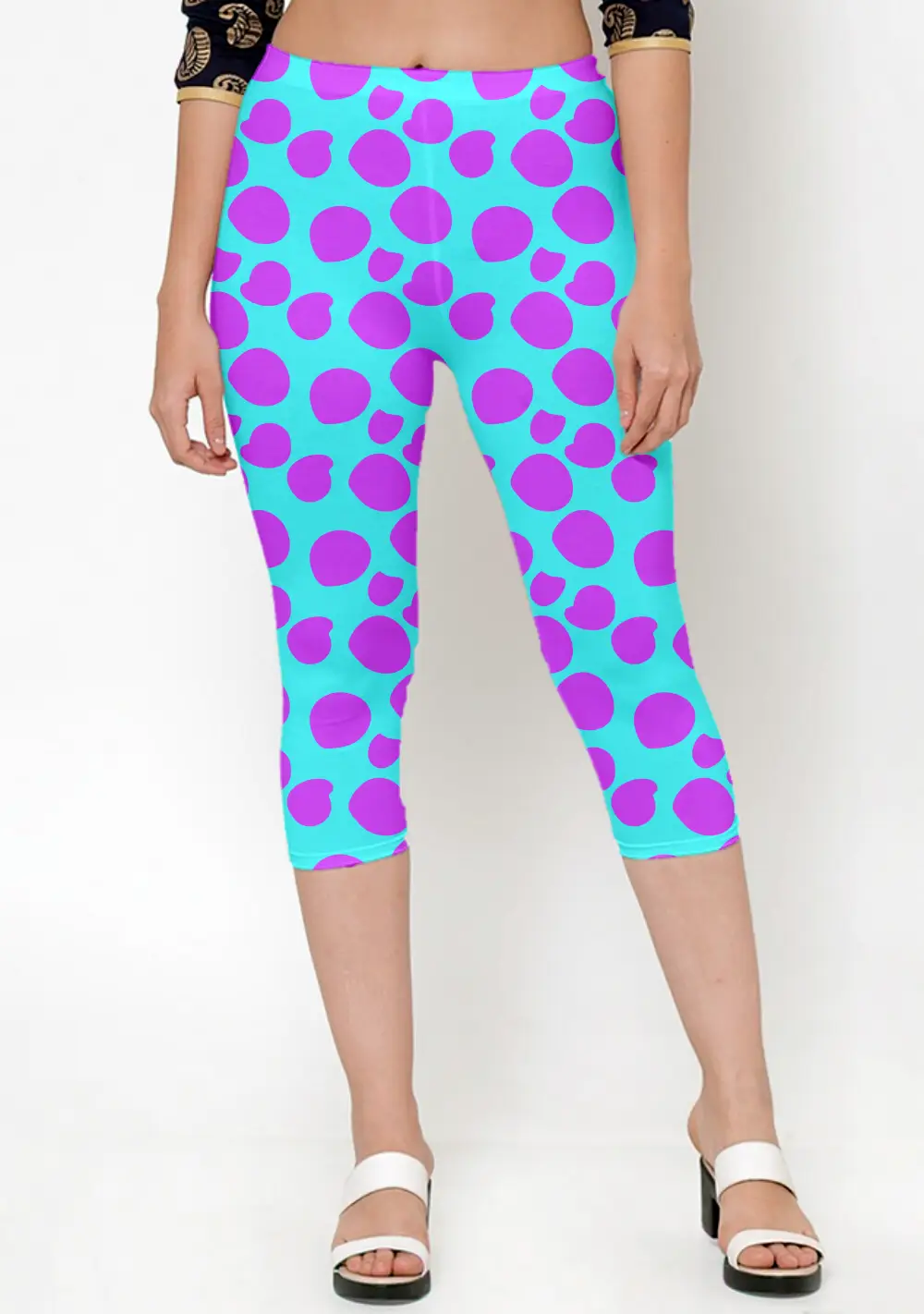 Polka Dots Purple Women Capri Leggings Pant - Image 3