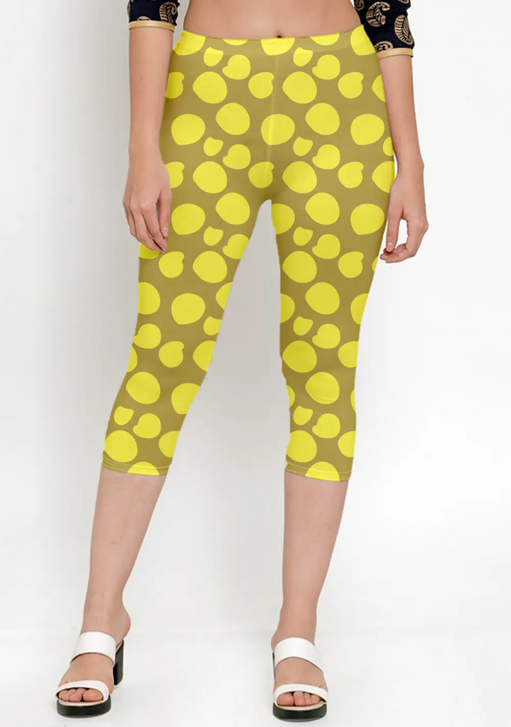 Polka Dots Yellow Women Capri Leggings Pant