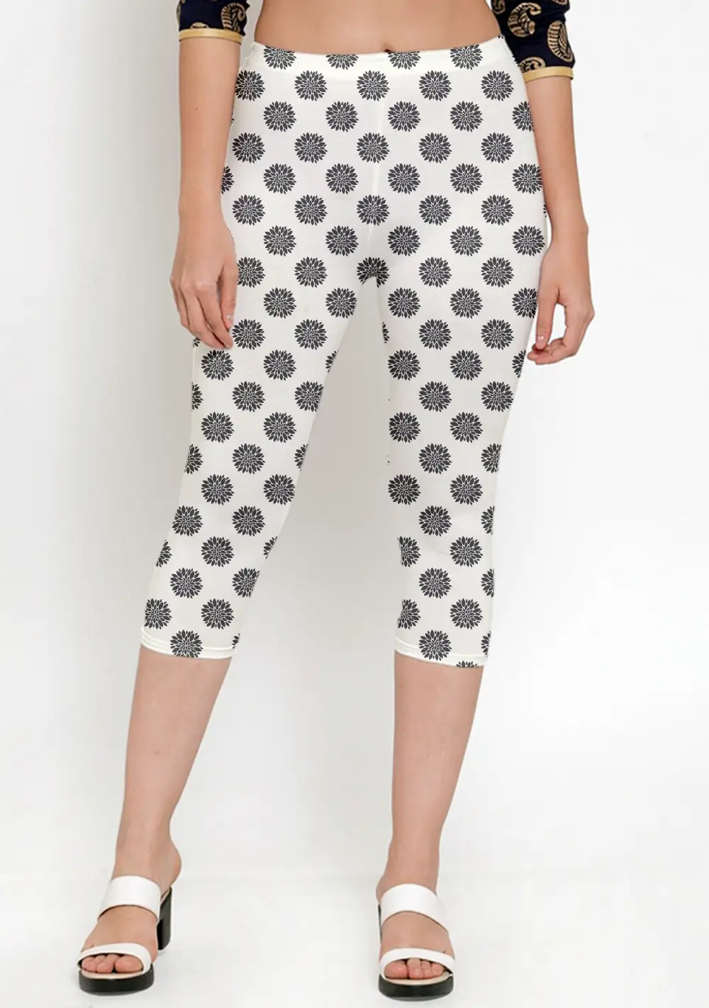 Flower Print Creamish White Women Capri Leggings Pant