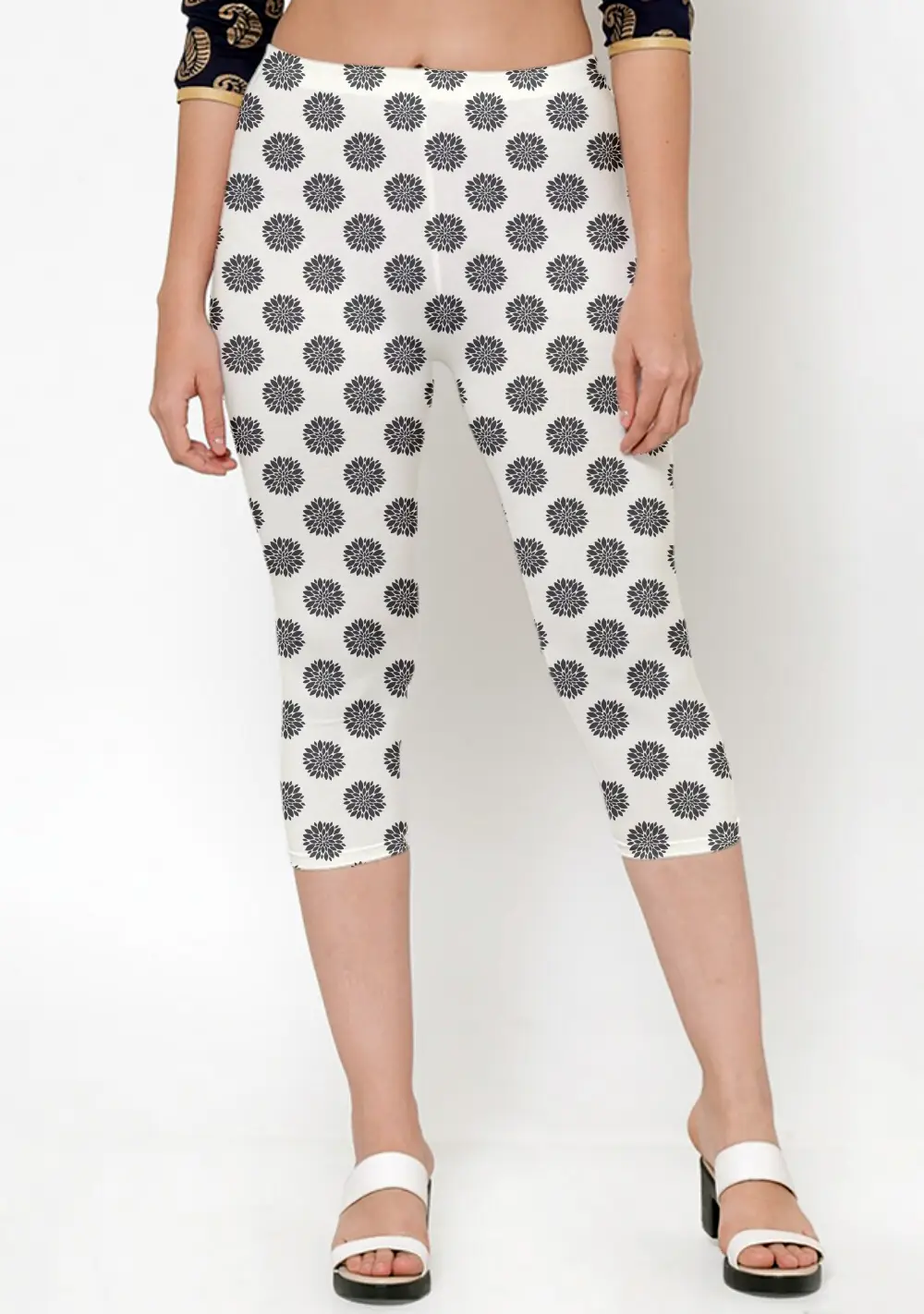 Flower Print Creamish White Women Capri Leggings Pant - Image 3