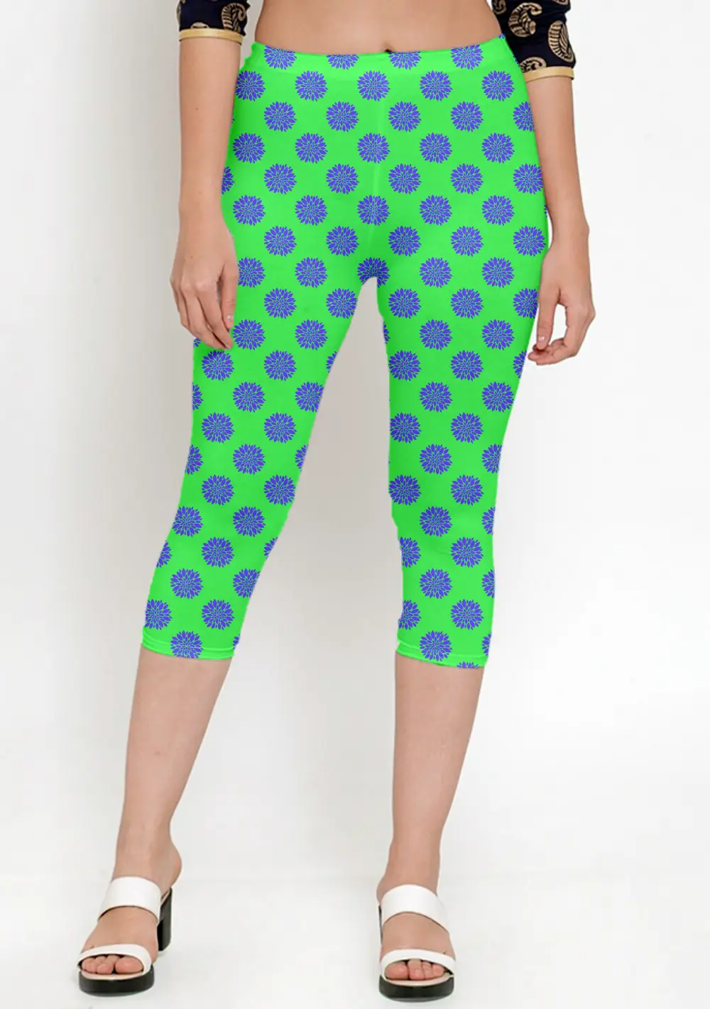 Flower Prints Green Women Capri Leggings Pant