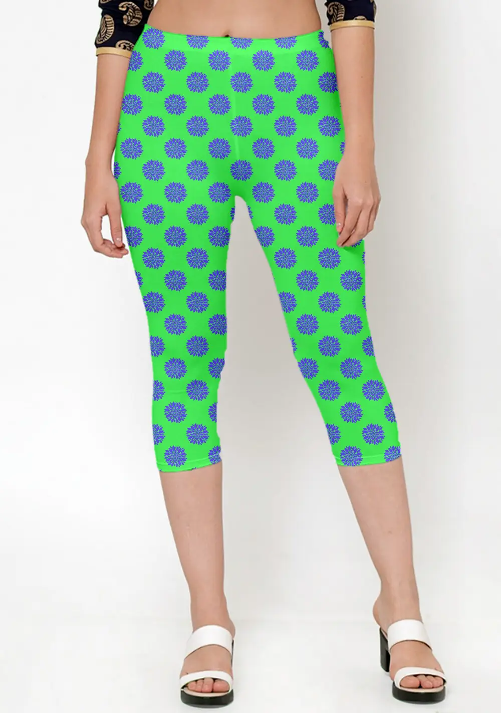 Flower Prints Green Women Capri Leggings Pant - Image 2