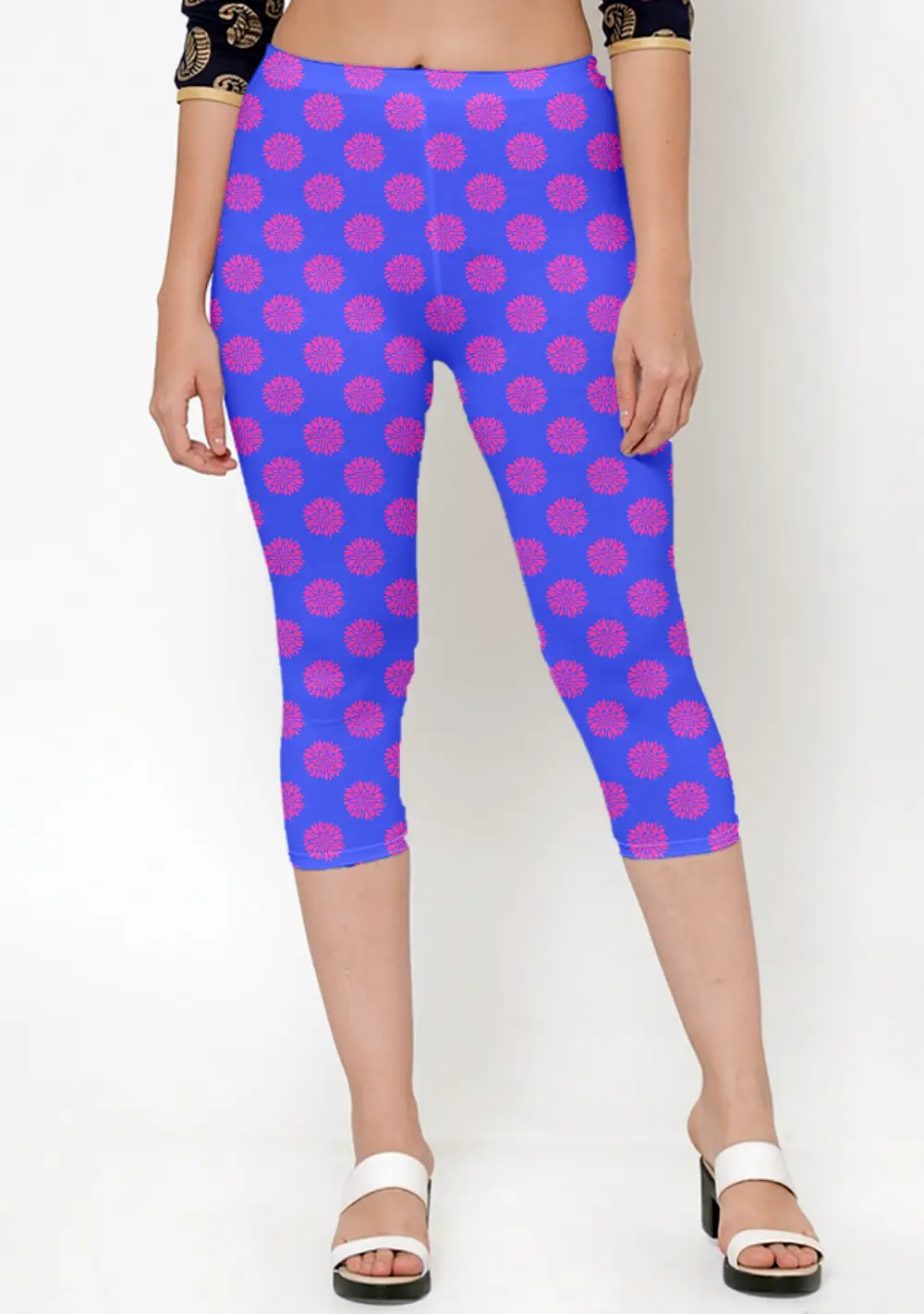 Flower Prints Blue Women Capri Leggings Pant - Image 3