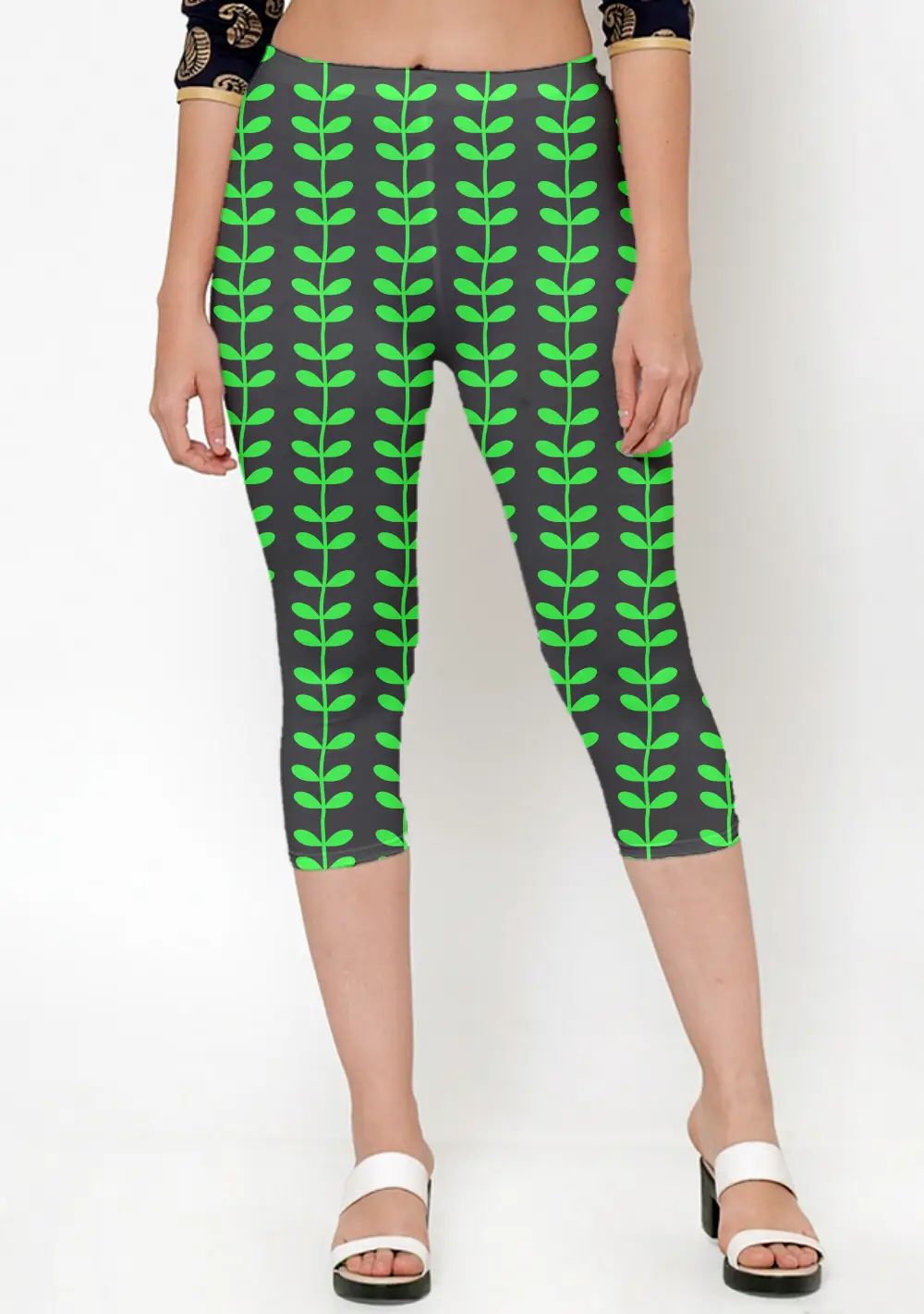 Leaves Strips Black Women Capri Leggings Pant - Image 3