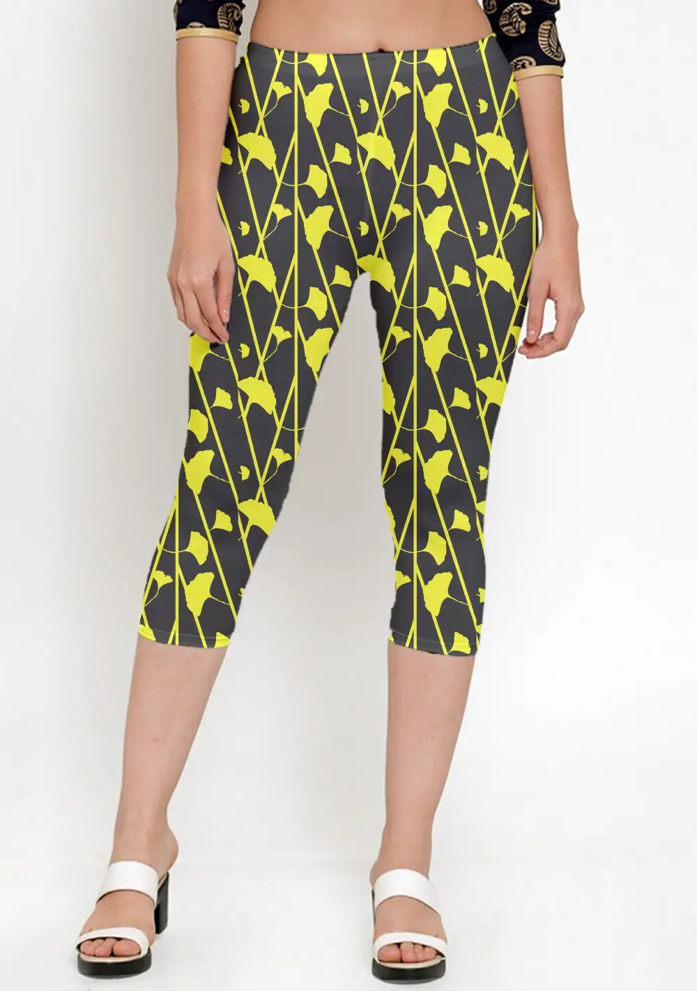 Black Yellow Floral Printed Women Capri Leggings Pant