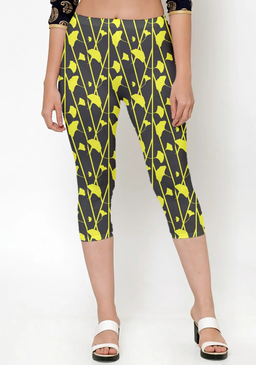 Black Yellow Floral Printed Women Capri Leggings Pant - Image 3