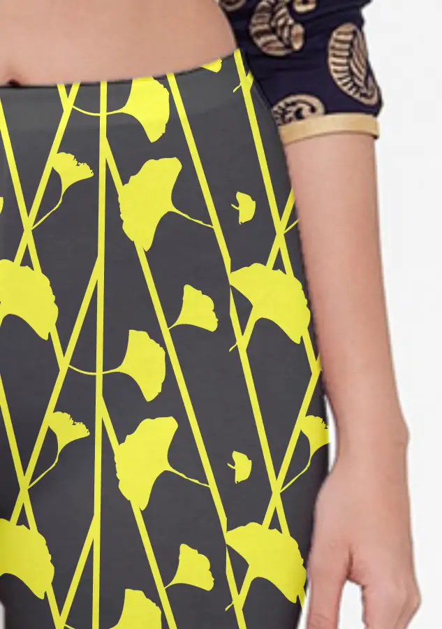 Black Yellow Floral Printed Women Capri Leggings Pant - Image 2