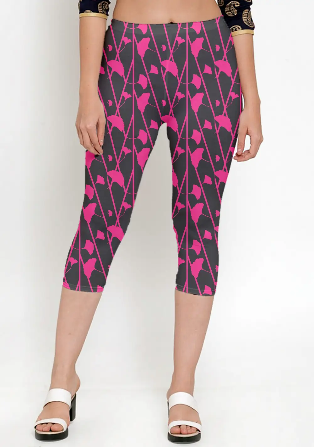 Black Pink Floral Print Women Capri Leggings Pant - Image 3