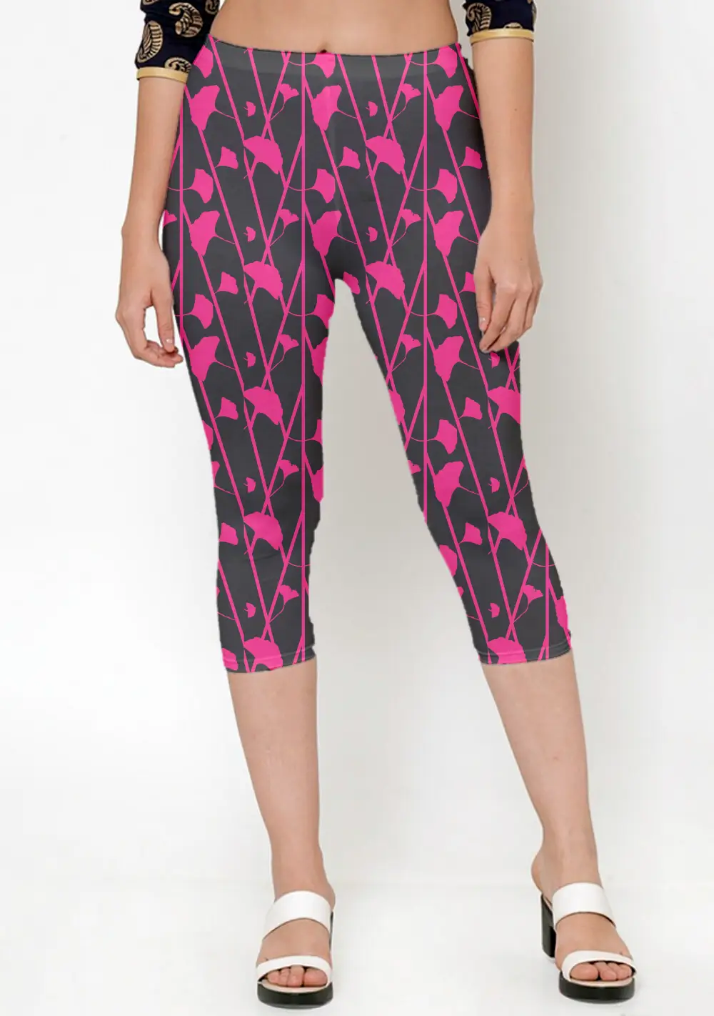 Black Pink Floral Print Women Capri Leggings Pant
