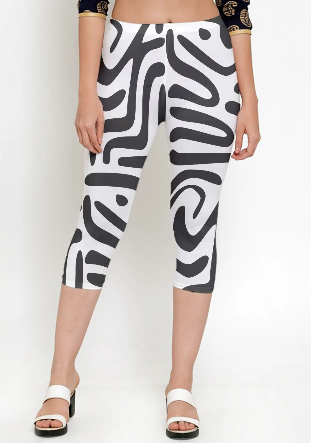 Striped White Women Capri Leggings Pant