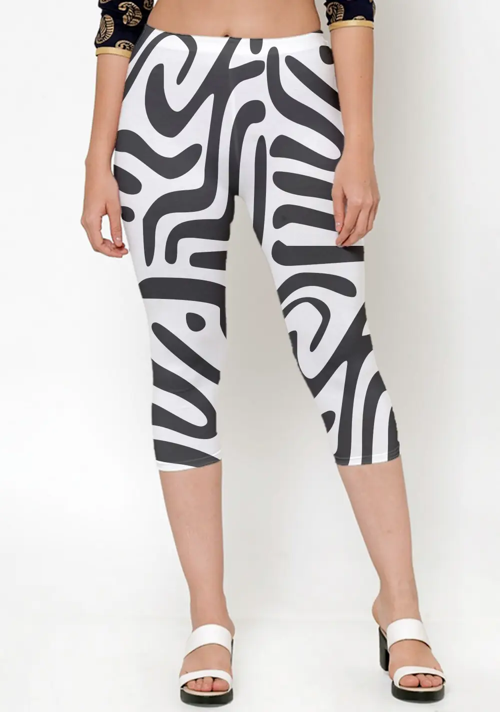 Striped White Women Capri Leggings Pant - Image 3