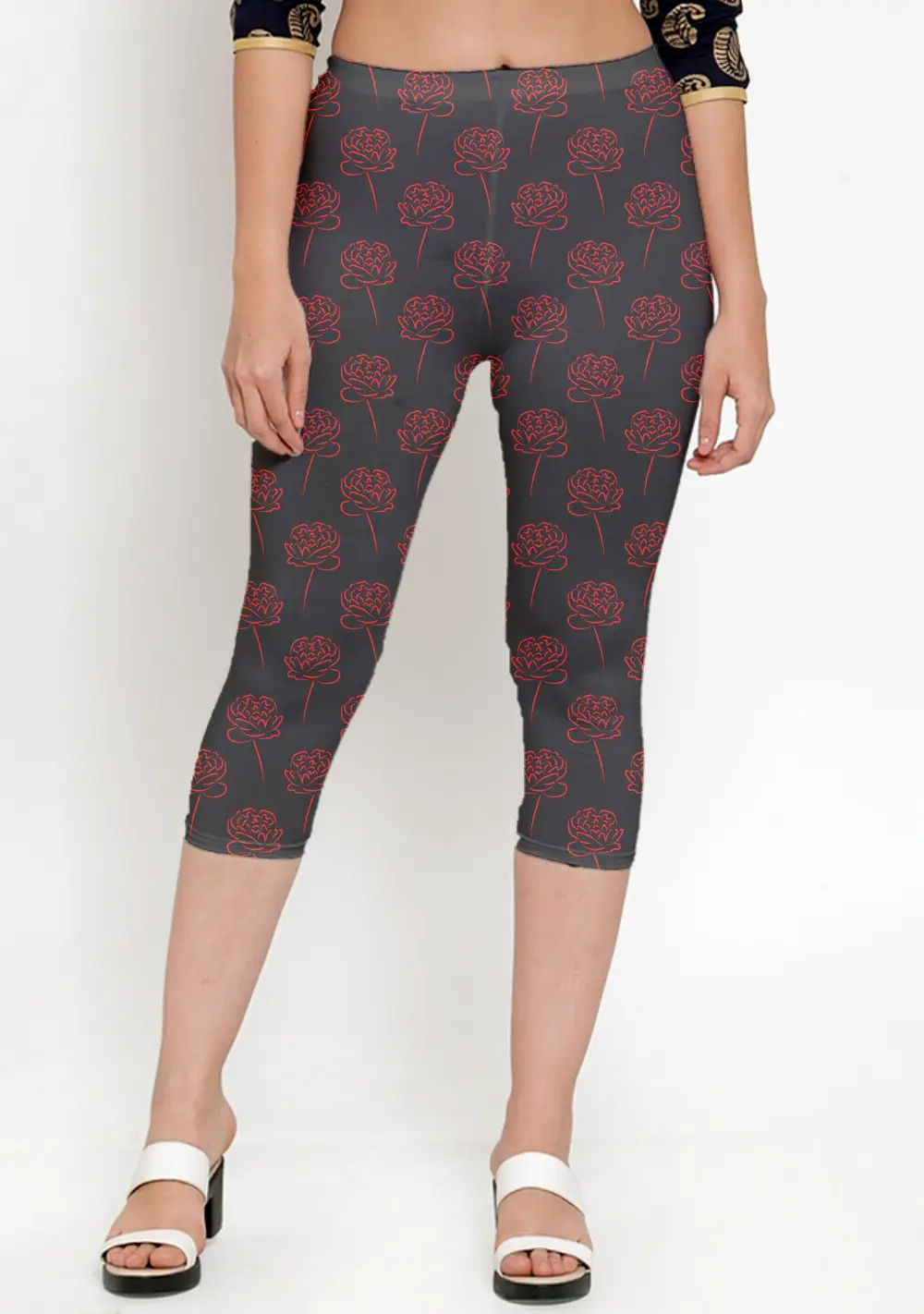 Roses Black Women Capri Leggings Pant
