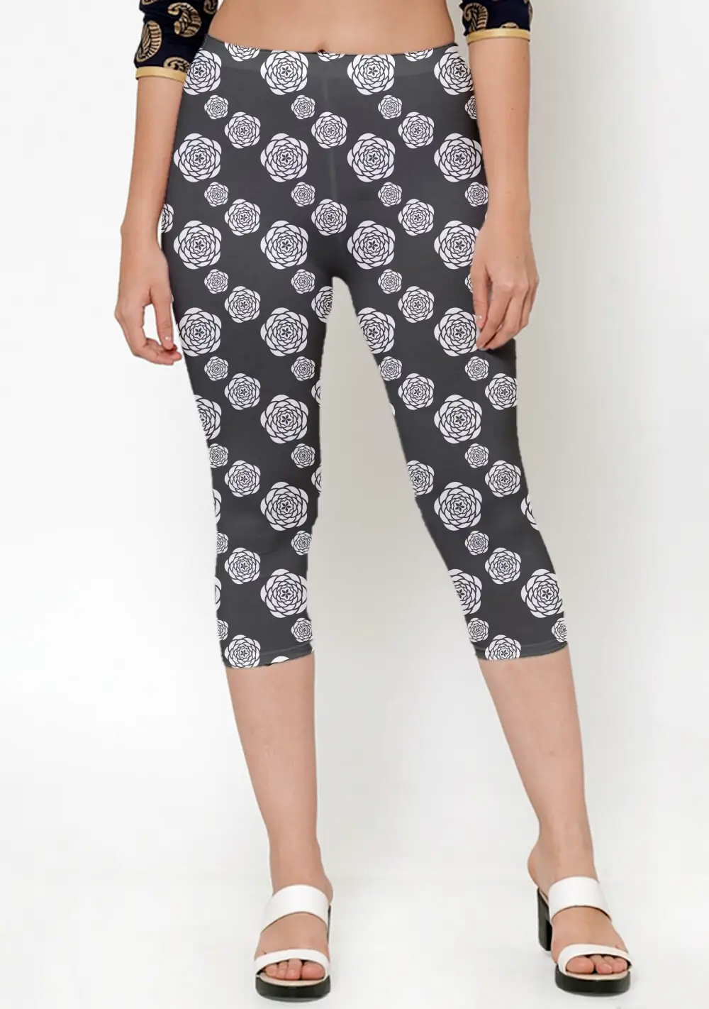 Floral Printed Black Women Capri Leggings Pant - Image 2