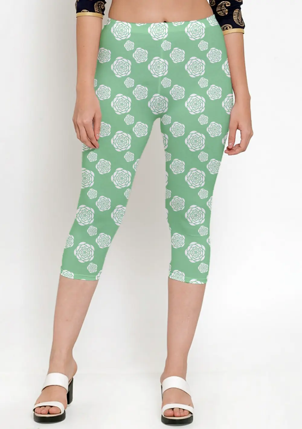 Floral Printed Parrot Green Women Capri Leggings Pant