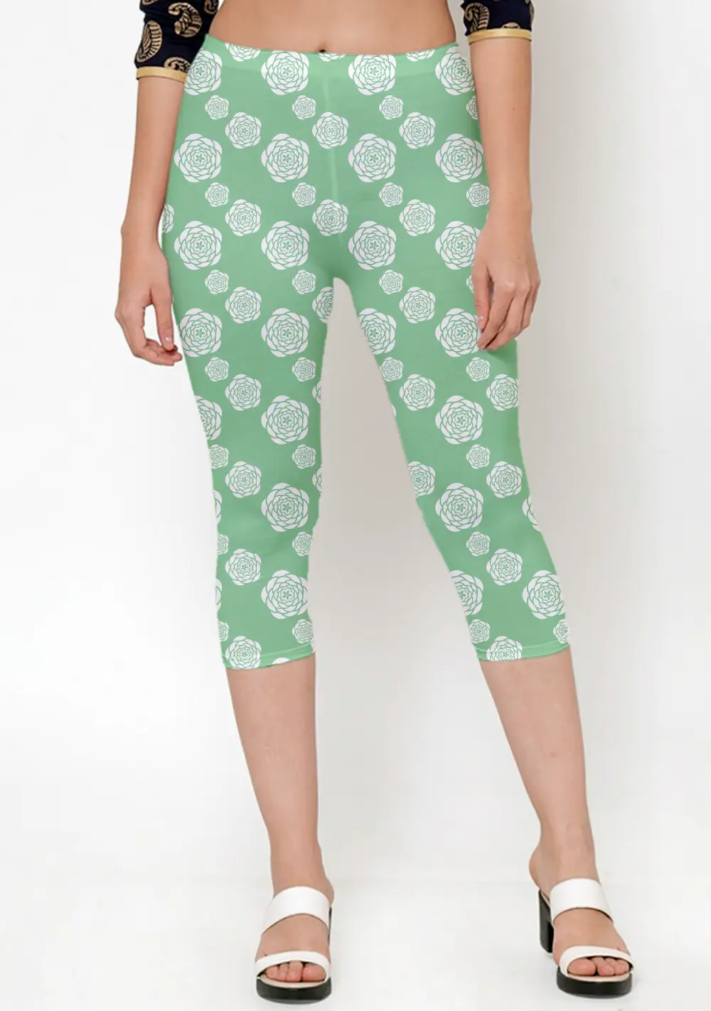 Floral Printed Parrot Green Women Capri Leggings Pant - Image 2