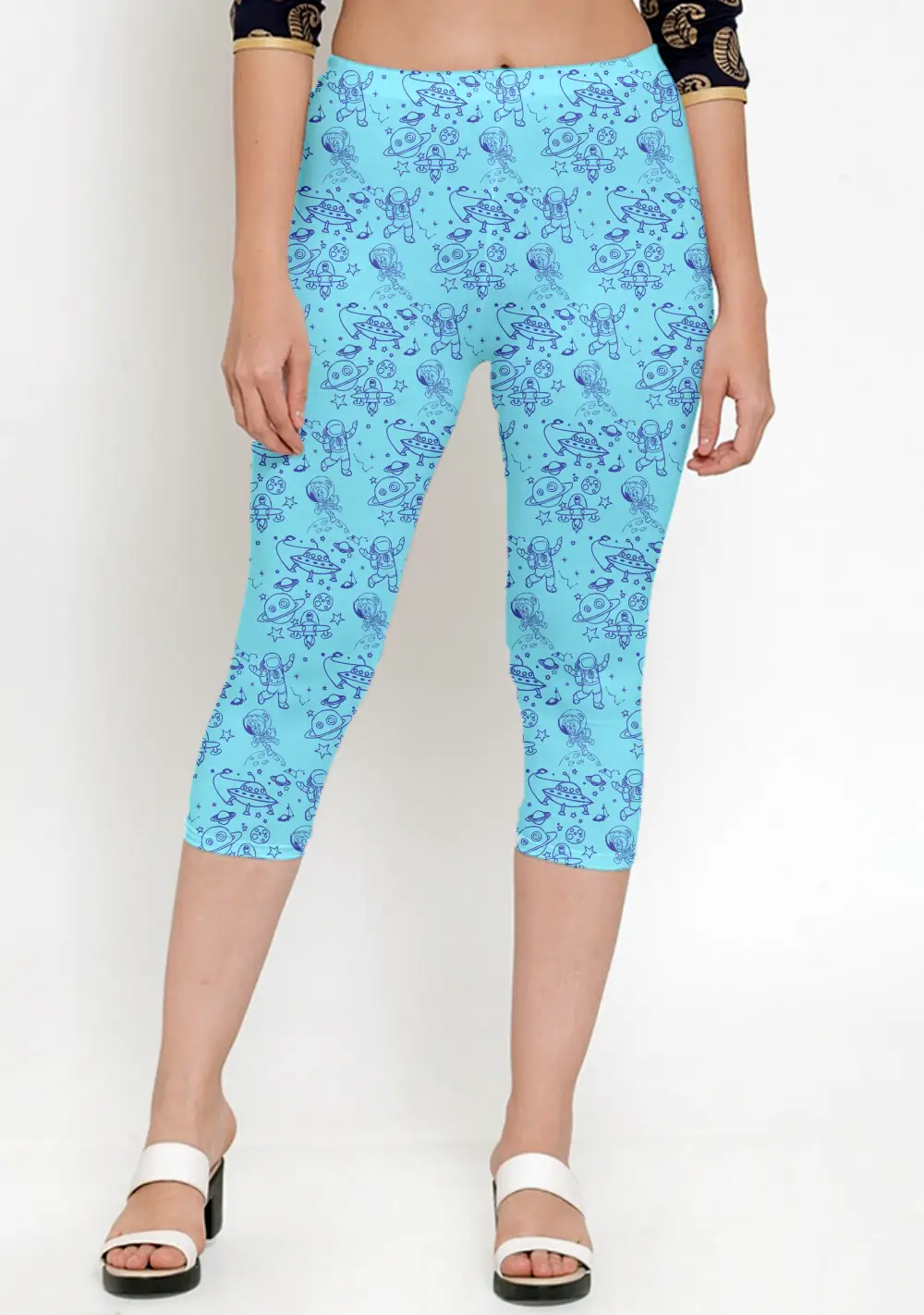 Space Doodle Print Sky Blue Women Capri Leggings Pant