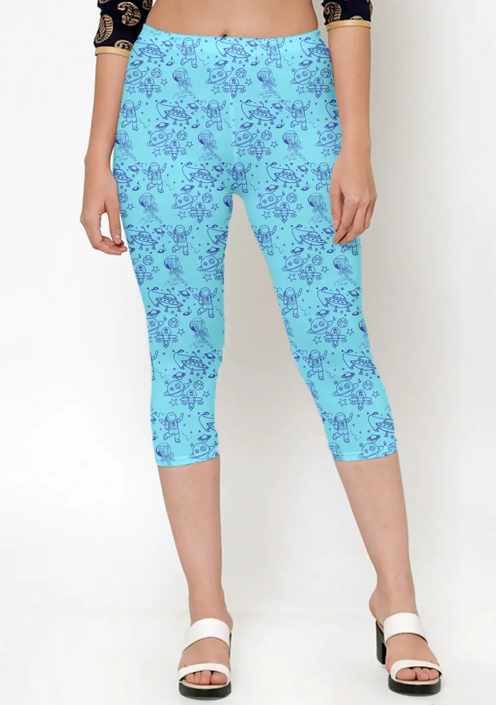 Space Doodle Print Sky Blue Women Capri Leggings Pant - Image 2