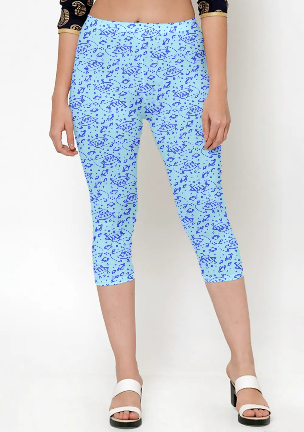 Space Ship , Planetary Prints Sky Blue Women Capri Leggings Pant - Image 2