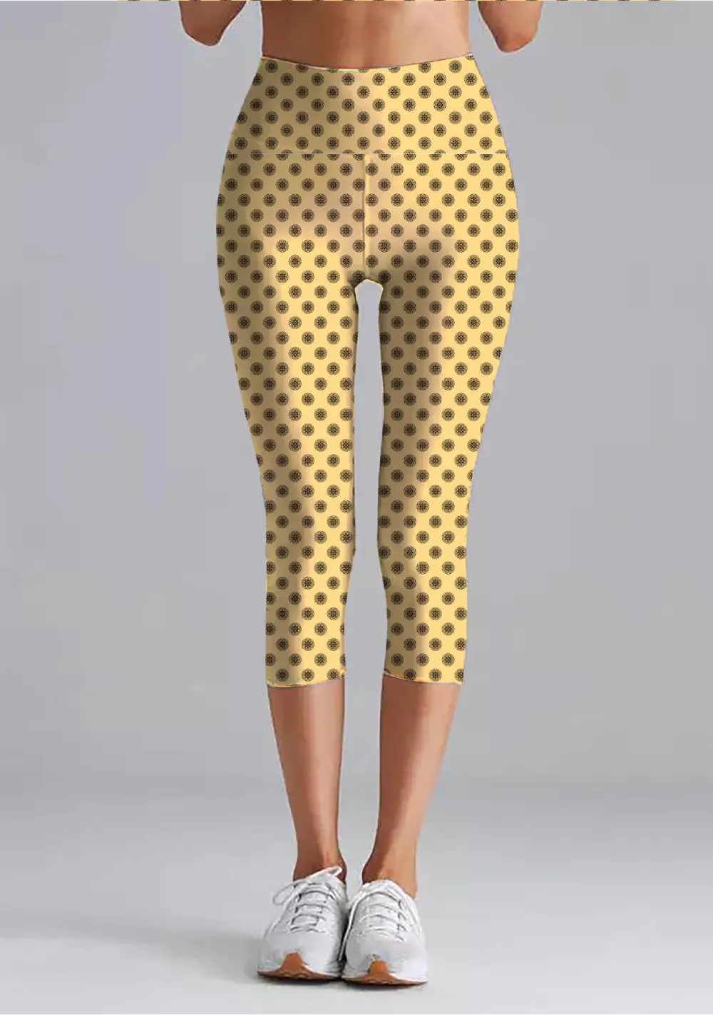 Mandala Prints Butter Yellow Women High Waist Capri Leggings Pant