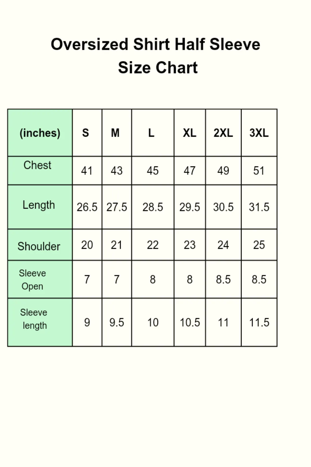 Oversized Shirt Half Sleeve Size Chart