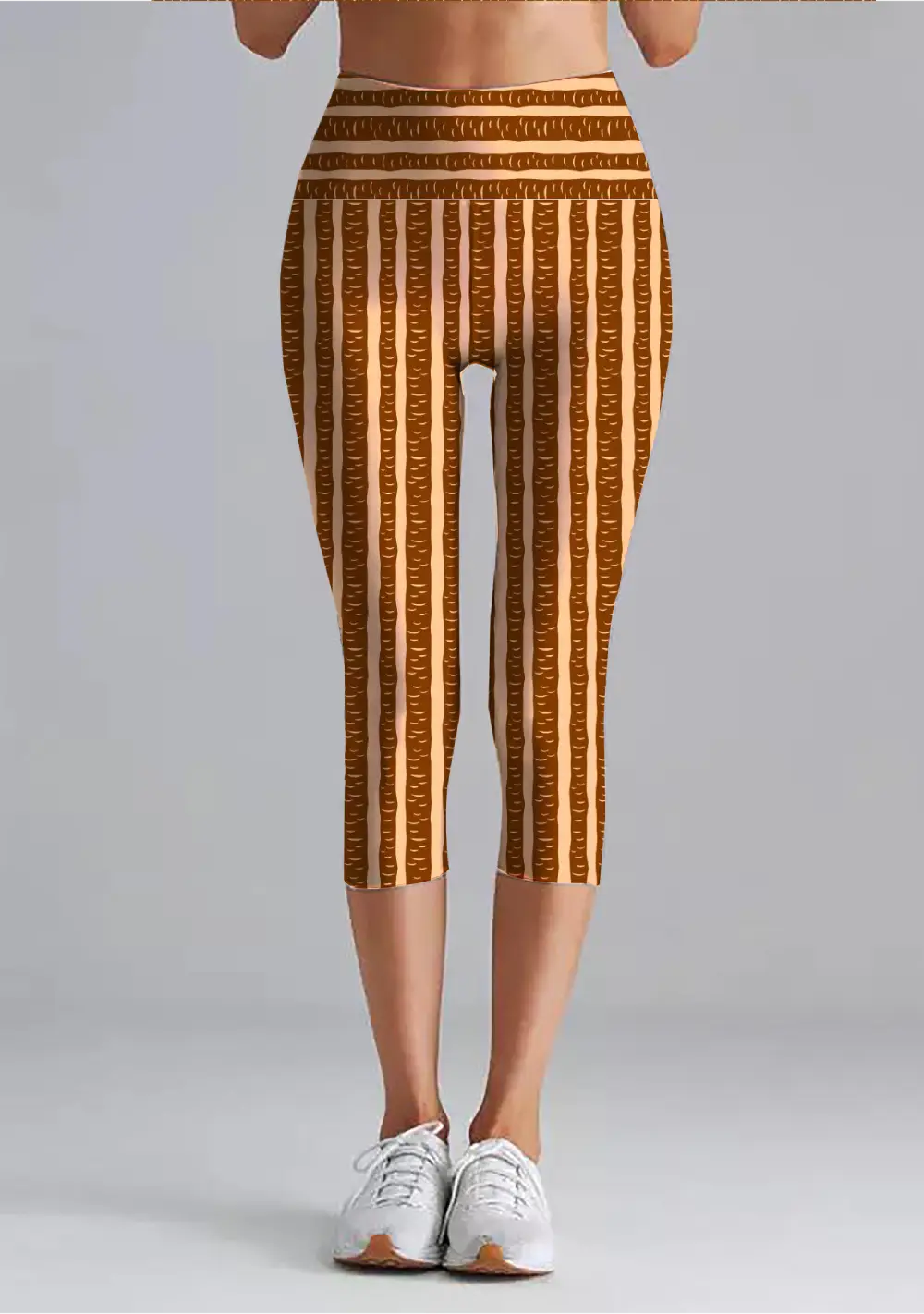 Printed Striped Brown Women High Waist Capri Leggings Pant