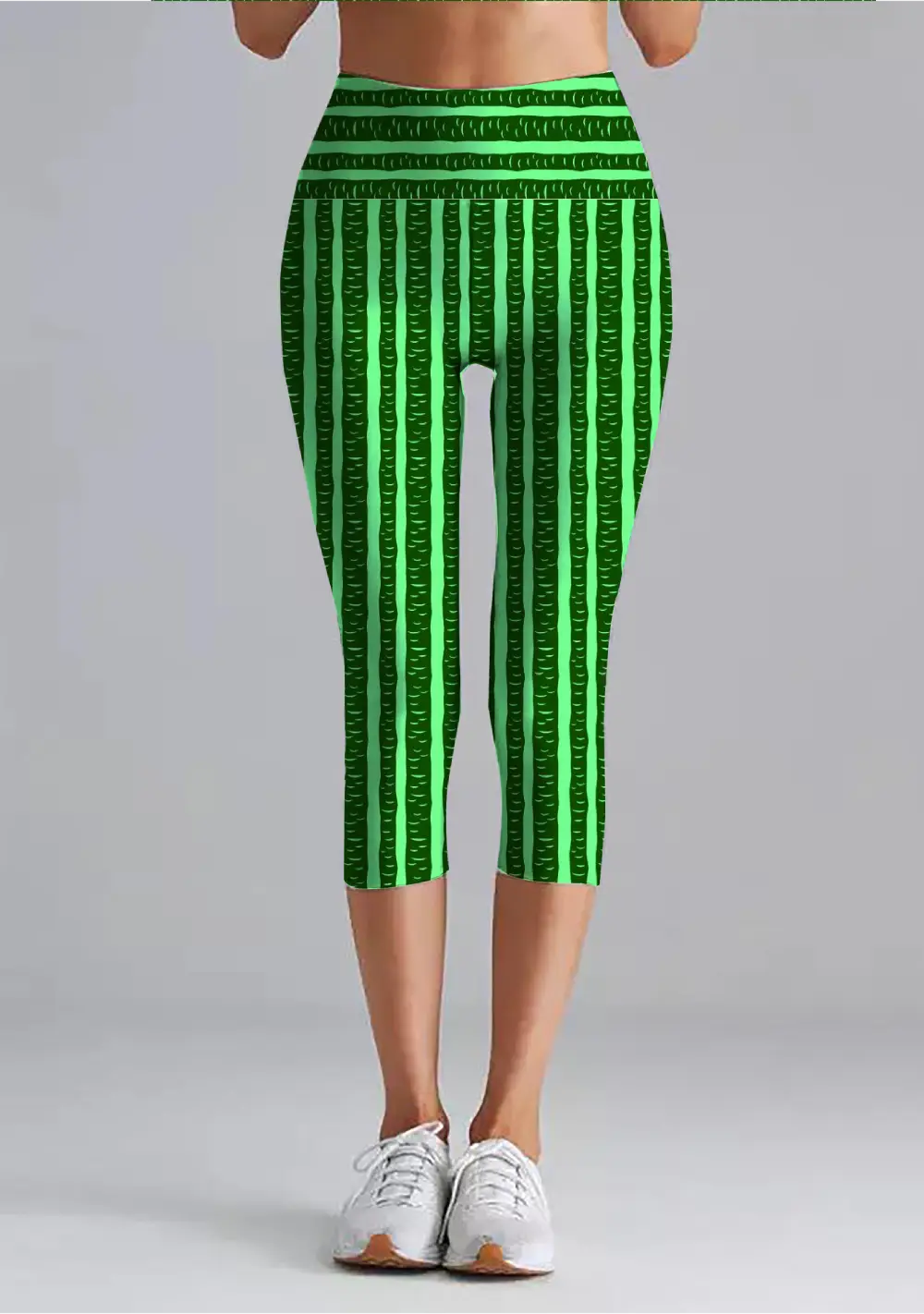 Green Striped Printed Women High Waist Capri Leggings Pant