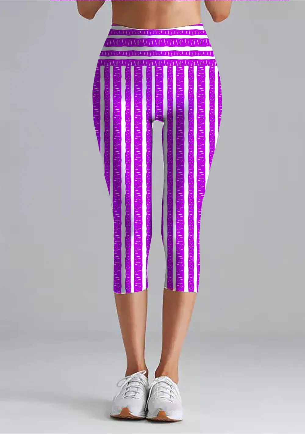 Purple Striped Pattern Women High Waist Capri Leggings Pant