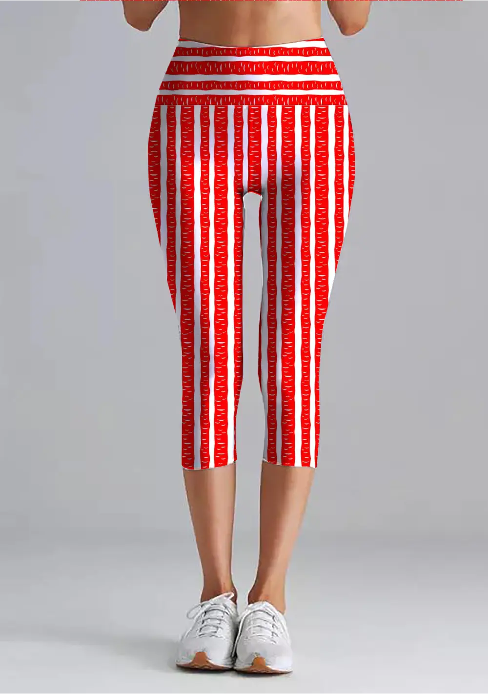 Red Striped Casual Women High Waist Capri Leggings Pant