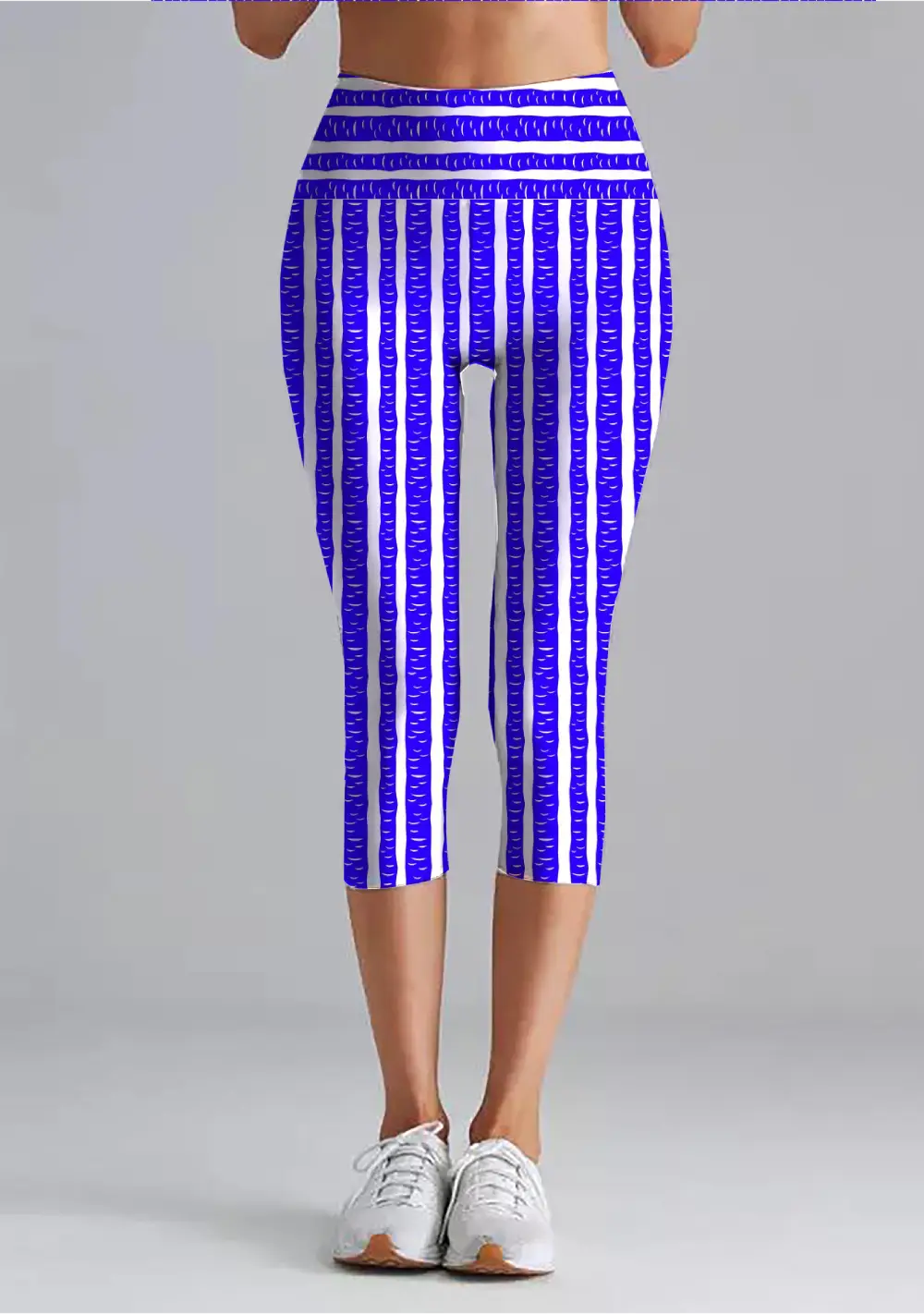 Navy Color Striped Pattern Women High Waist Capri Leggings Pant