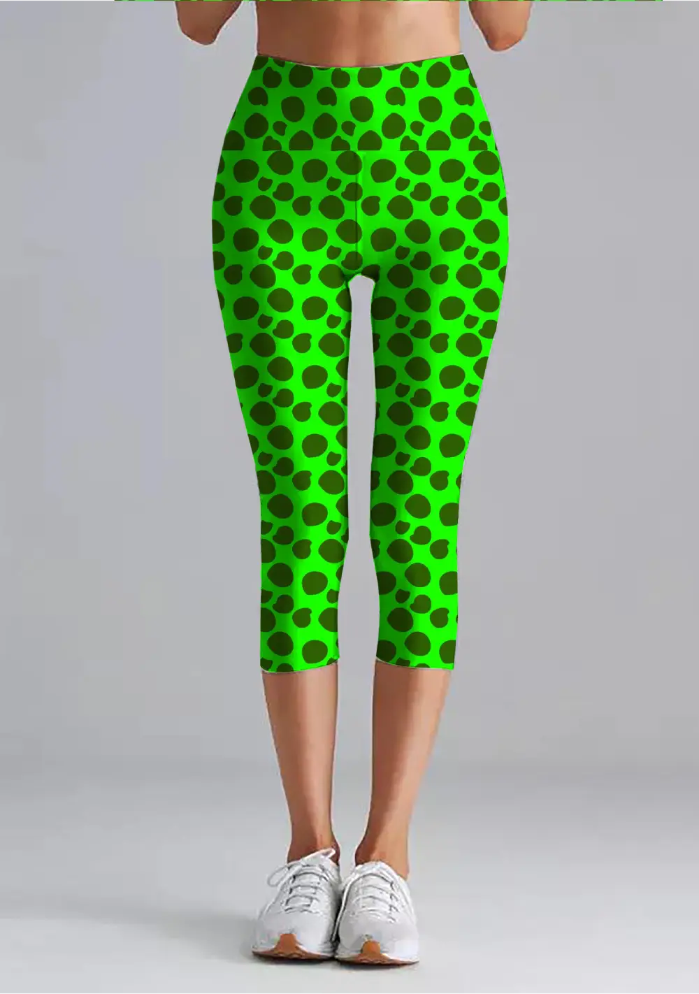 Polka Dots Green Women High Waist Capri Leggings Pant