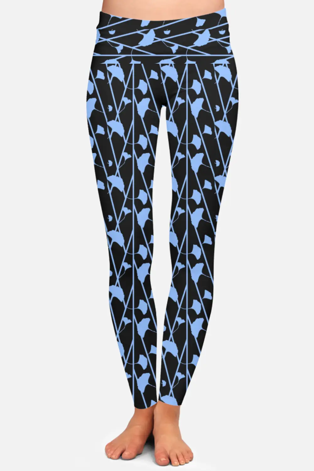 Black Blue Floral Printed Women High Waist Leggings Pant