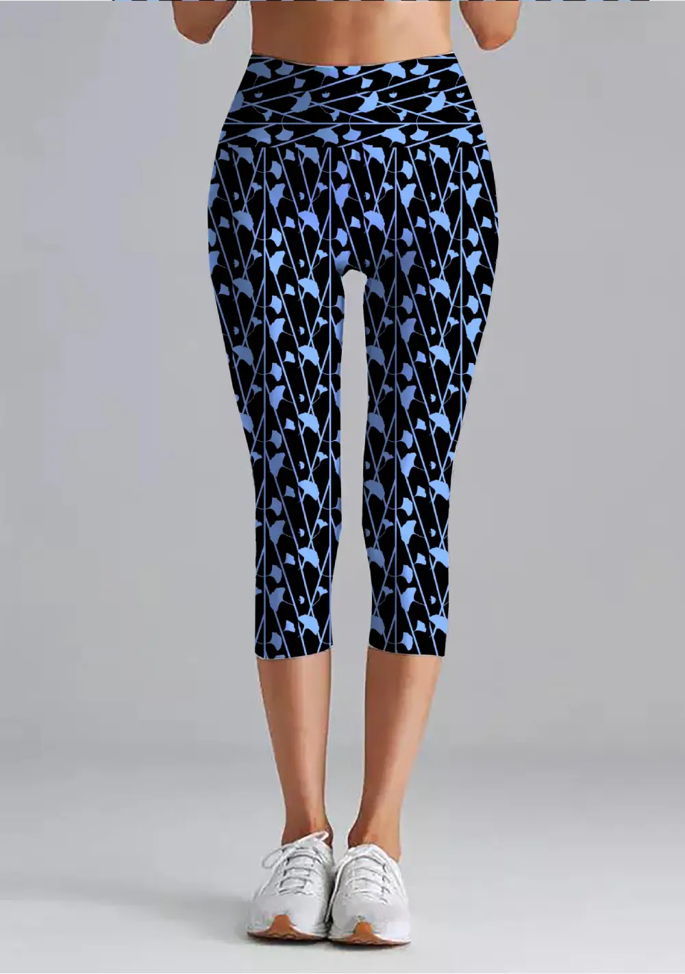 Black Blue Floral Printed Women High Waist Capri Leggings Pant
