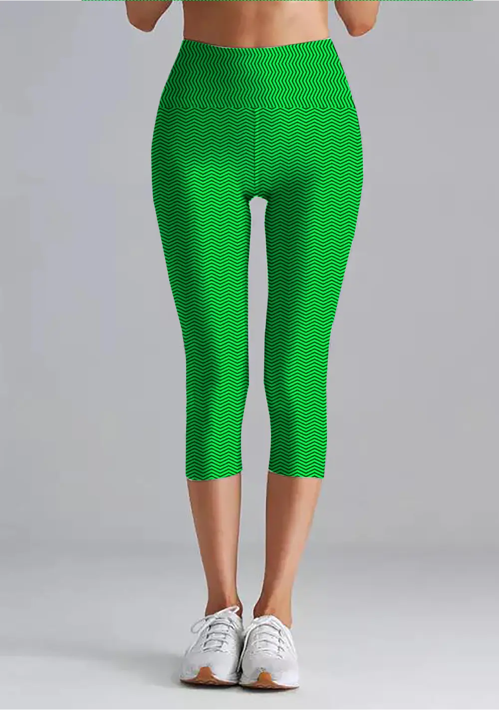 Zigzag Print Green Women High Waist Capri Leggings Pant