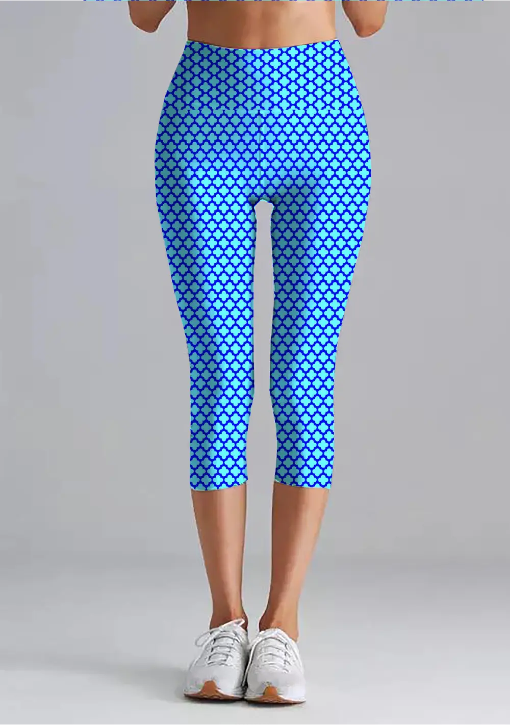 Casual Abstract Print Blue Women High Waist Capri Leggings Pant