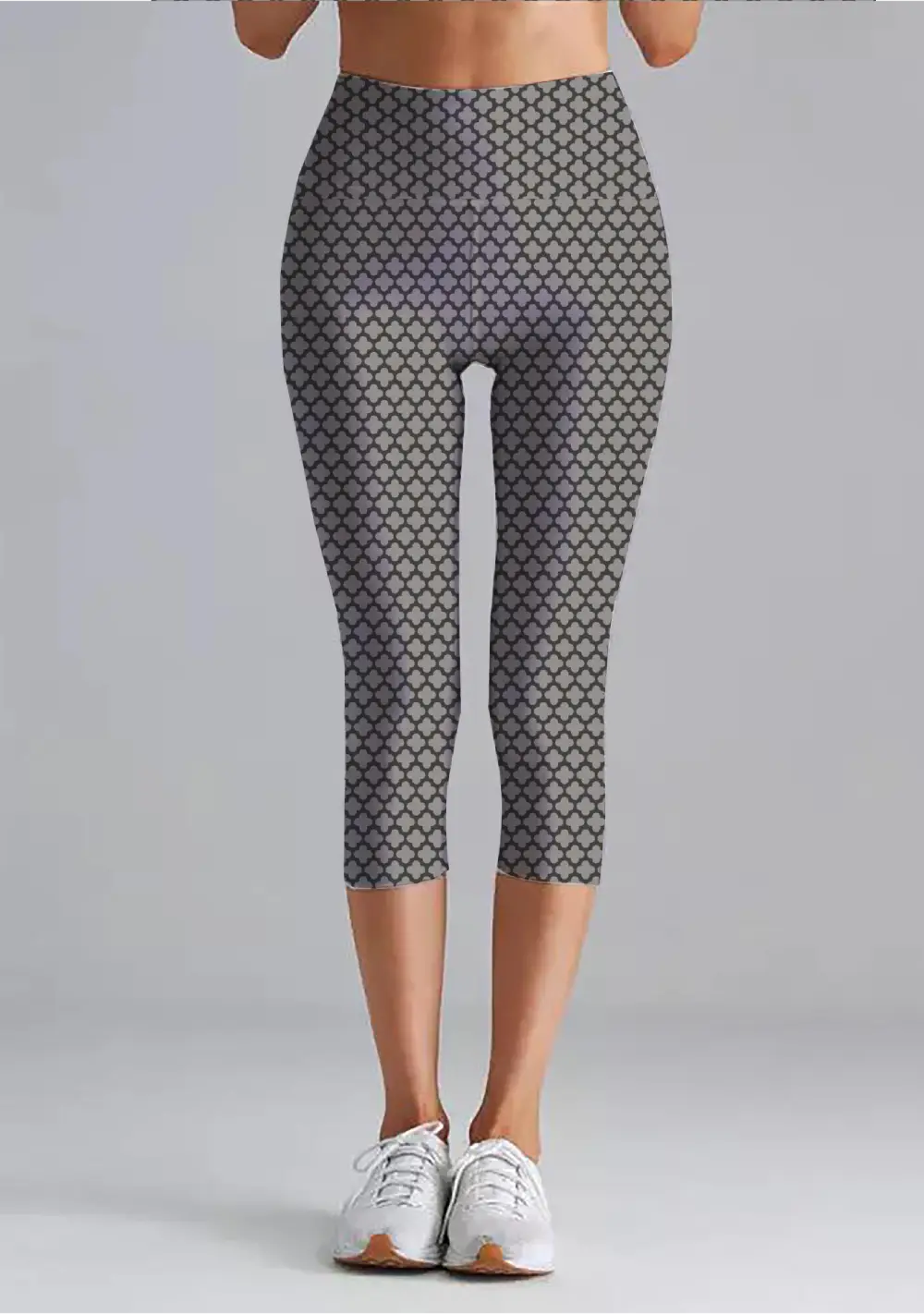 Casual Abstract Print Grey Women High Waist Capri Leggings Pant