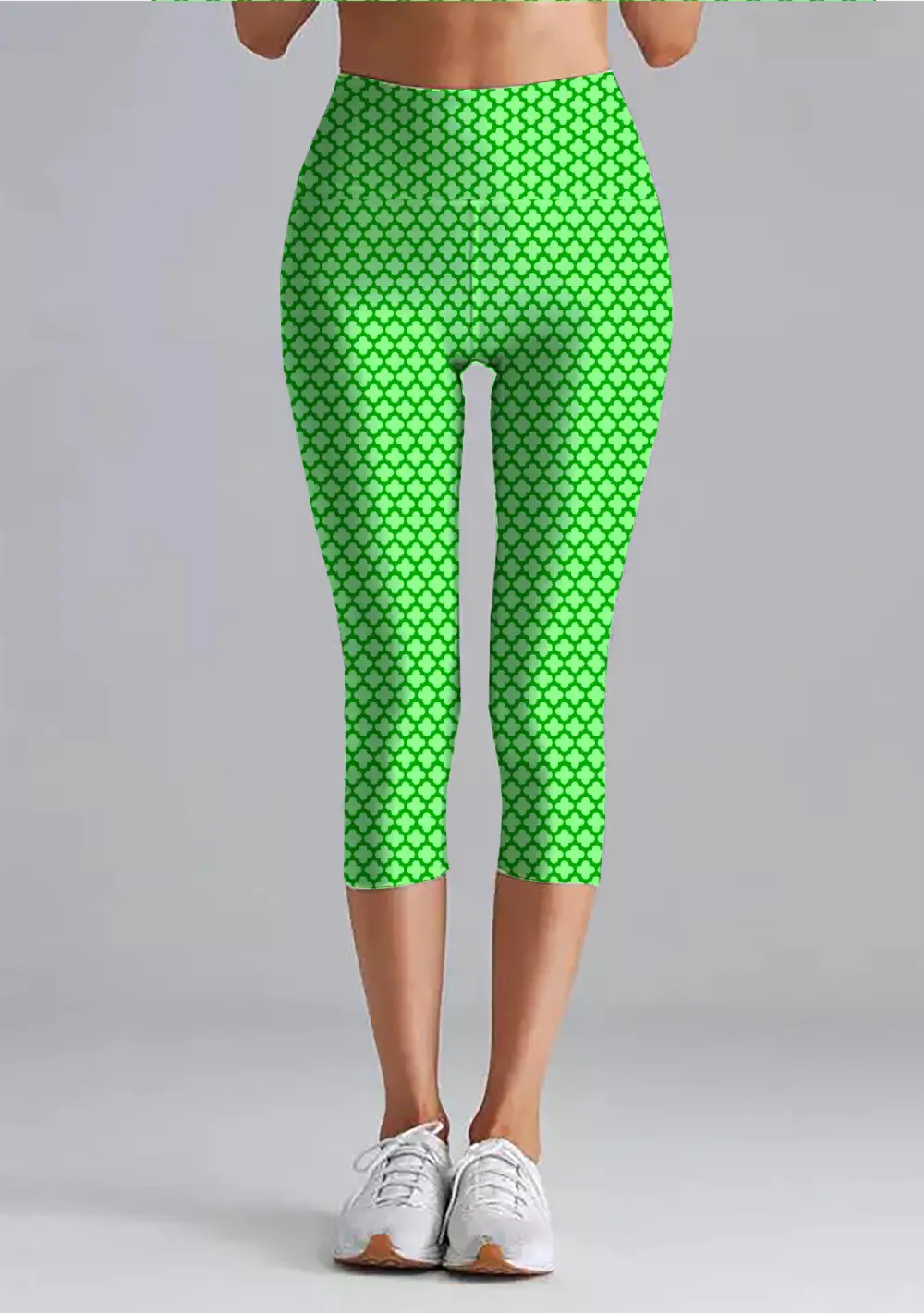 Casual Abstract Print Pista Green Women High Waist Capri Leggings Pant