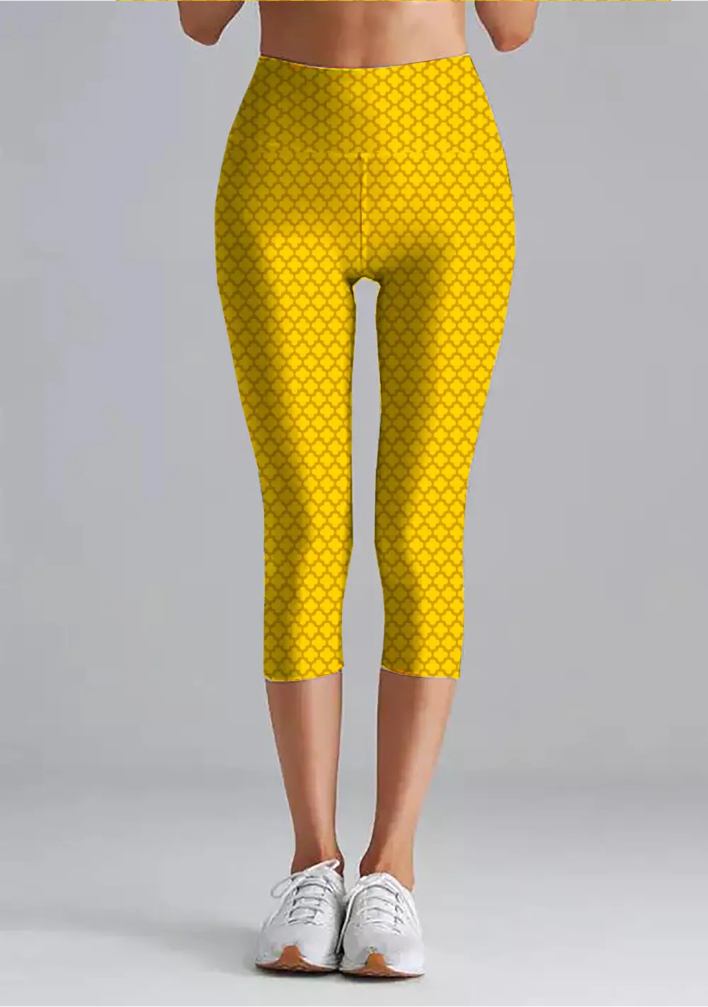 Casual Abstract Print Yellow Women High Waist Capri Leggings Pant