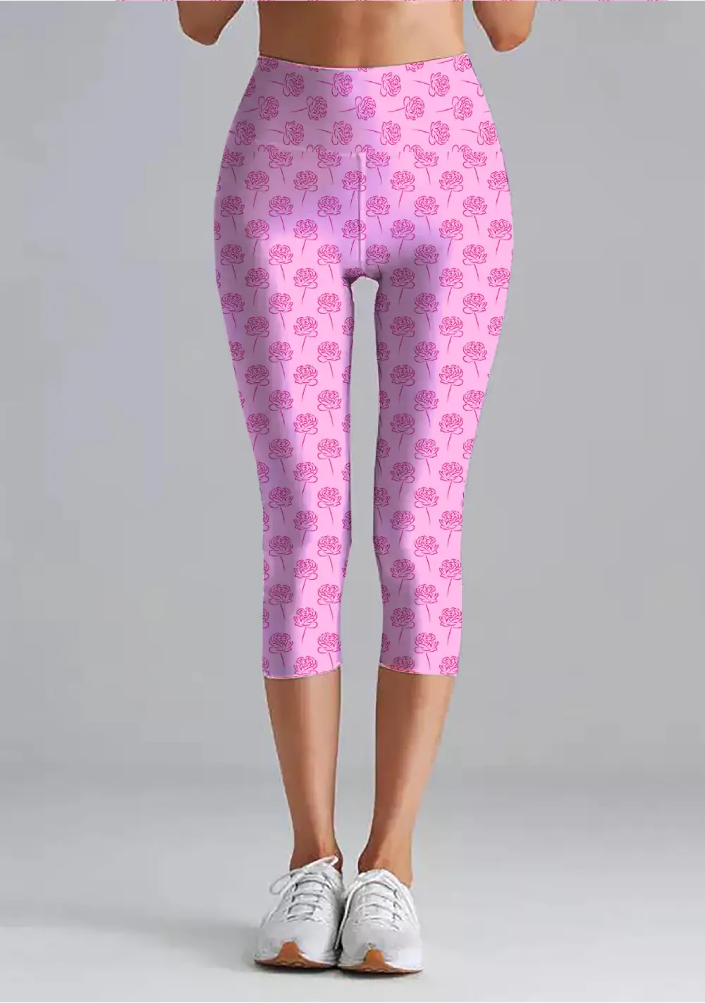Roses Pink Women High Waist Capri Leggings Pant